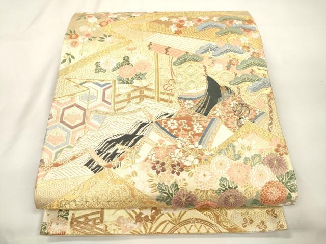 平和屋本店▼六通柄袋帯　松皮王朝絵文　本金箔　正絹　逸品　CABL4544dy