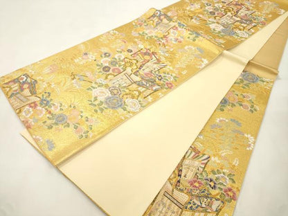平和屋本店▼六通柄袋帯　光園御所車文　九百本金弐重織　正絹　逸品　CABL4550dy