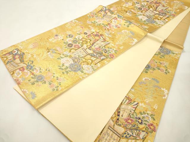 平和屋本店▼六通柄袋帯　光園御所車文　九百本金弐重織　正絹　逸品　CABL4550dy