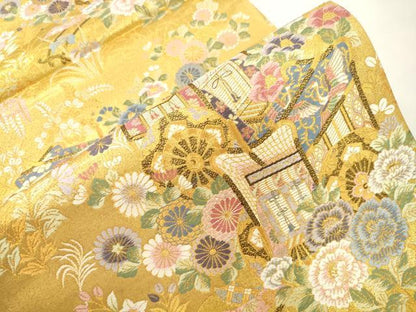 平和屋本店▼六通柄袋帯　光園御所車文　九百本金弐重織　正絹　逸品　CABL4550dy