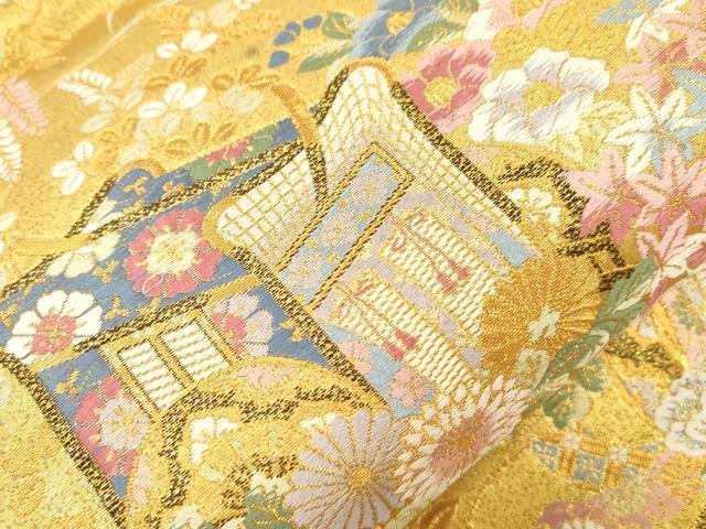 平和屋本店▼六通柄袋帯　光園御所車文　九百本金弐重織　正絹　逸品　CABL4550dy
