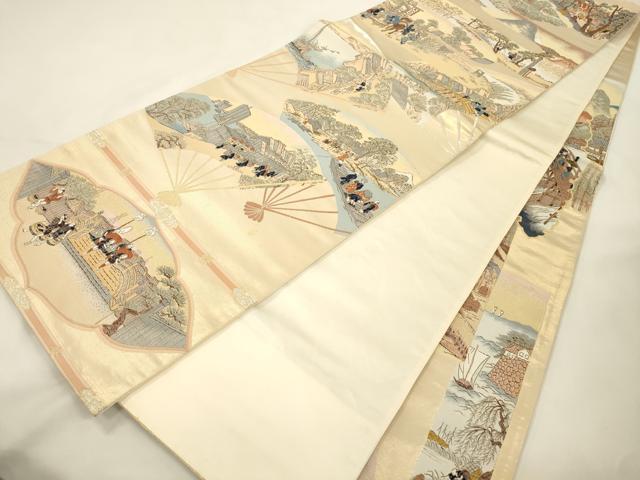 平和屋本店▼全通全景柄袋帯　廣重東海道五十三次　純金箔　正絹　逸品　CABL4557dy
