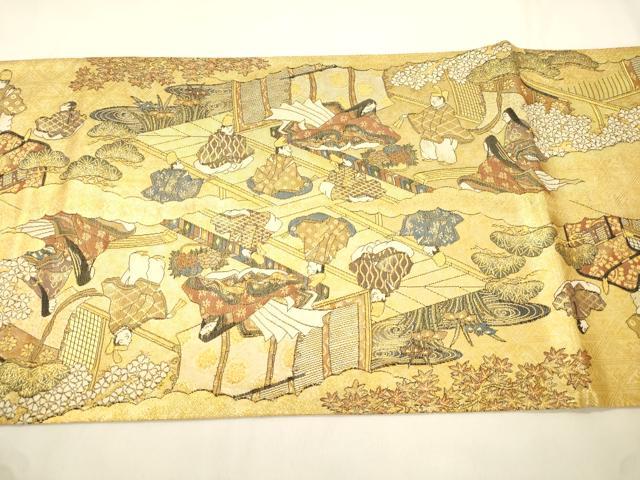 平和屋本店▼全通全景柄袋帯　源氏物語絵図　本金二重箔　正絹　逸品　CABL4558dy