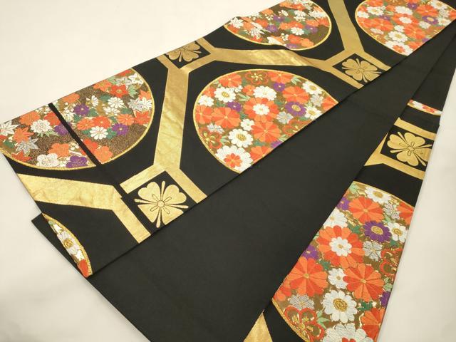 平和屋本店▼六通柄袋帯　唐織　蜀江花文　黒地　純金箔24K　正絹　逸品　CABL4559dy