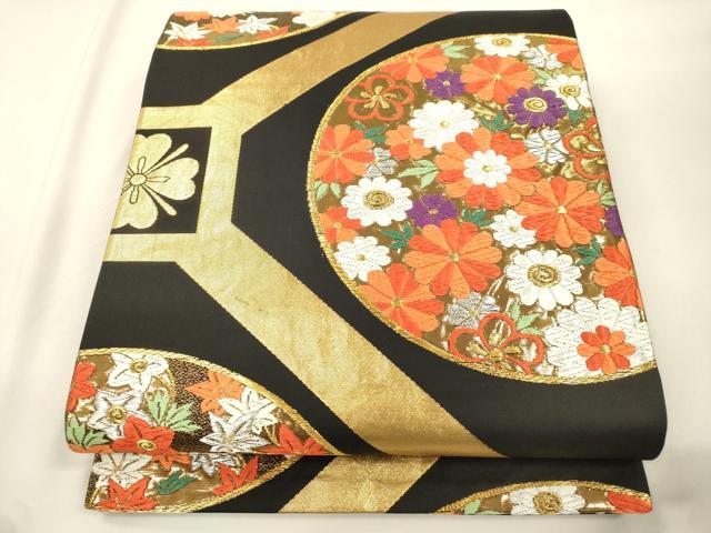 平和屋本店▼六通柄袋帯　唐織　蜀江花文　黒地　純金箔24K　正絹　逸品　CABL4559dy