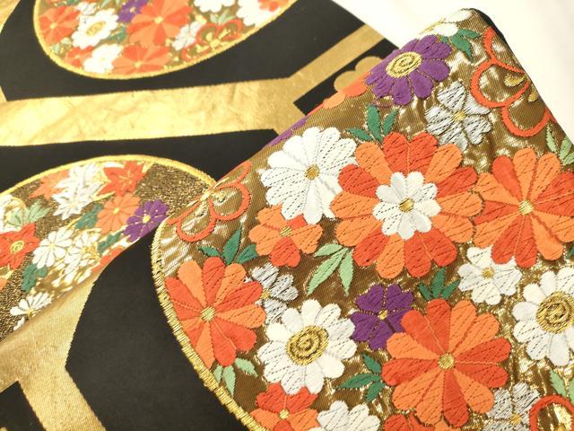 平和屋本店▼六通柄袋帯　唐織　蜀江花文　黒地　純金箔24K　正絹　逸品　CABL4559dy