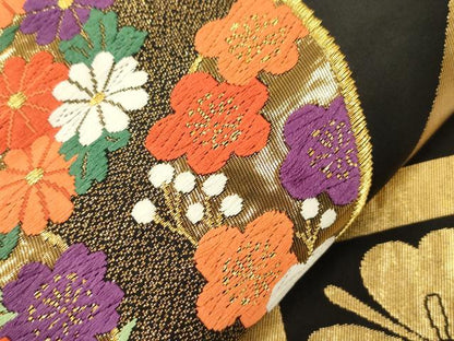 平和屋本店▼六通柄袋帯　唐織　蜀江花文　黒地　純金箔24K　正絹　逸品　CABL4559dy