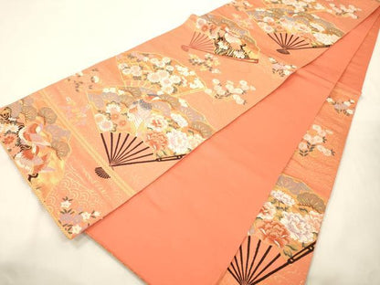 平和屋本店▼六通柄袋帯　扇面花鳥文　本金箔　正絹　逸品　CABL4561dy