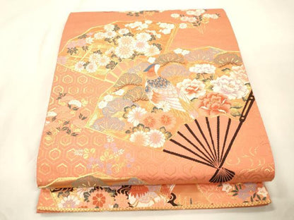 平和屋本店▼六通柄袋帯　扇面花鳥文　本金箔　正絹　逸品　CABL4561dy