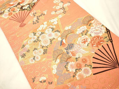 平和屋本店▼六通柄袋帯　扇面花鳥文　本金箔　正絹　逸品　CABL4561dy