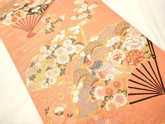 平和屋本店▼六通柄袋帯　扇面花鳥文　本金箔　正絹　逸品　CABL4561dy