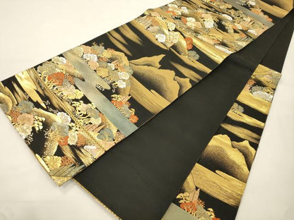 平和屋本店▼六通柄袋帯　蒔絵遠山重ね　黒地　手織二重箔　純金箔　正絹　逸品　CABL4562dy