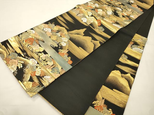 平和屋本店▼六通柄袋帯　蒔絵遠山重ね　黒地　手織二重箔　純金箔　正絹　逸品　CABL4562dy