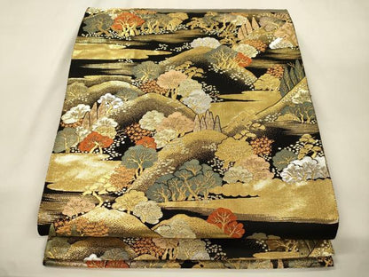 平和屋本店▼六通柄袋帯　蒔絵遠山重ね　黒地　手織二重箔　純金箔　正絹　逸品　CABL4562dy