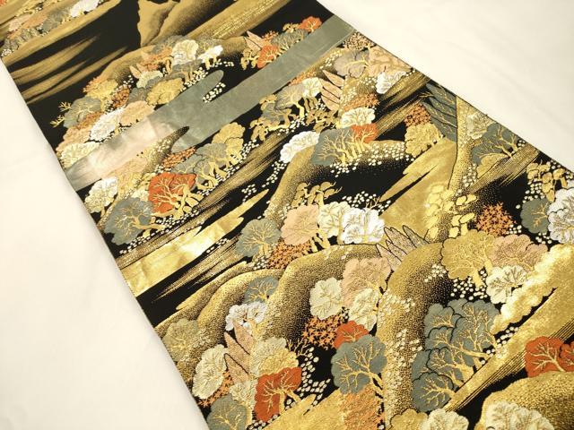 平和屋本店▼六通柄袋帯　蒔絵遠山重ね　黒地　手織二重箔　純金箔　正絹　逸品　CABL4562dy