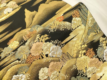 平和屋本店▼六通柄袋帯　蒔絵遠山重ね　黒地　手織二重箔　純金箔　正絹　逸品　CABL4562dy