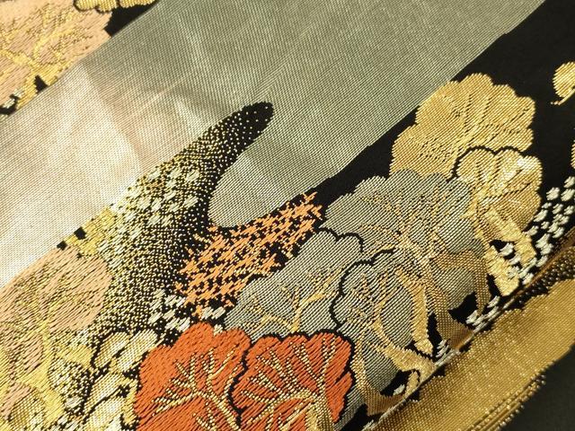 平和屋本店▼六通柄袋帯　蒔絵遠山重ね　黒地　手織二重箔　純金箔　正絹　逸品　CABL4562dy