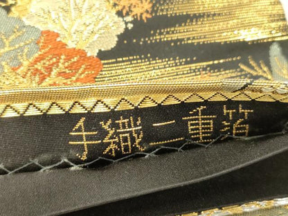 平和屋本店▼六通柄袋帯　蒔絵遠山重ね　黒地　手織二重箔　純金箔　正絹　逸品　CABL4562dy