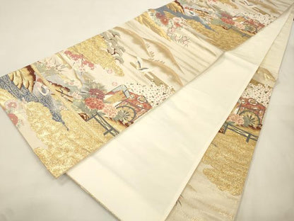 平和屋本店▼六通柄袋帯　唐織　御所車飛鶴花文　本金二重箔　正絹　逸品　CABL4563dy