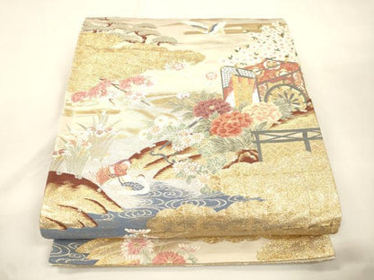 平和屋本店▼六通柄袋帯　唐織　御所車飛鶴花文　本金二重箔　正絹　逸品　CABL4563dy