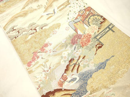 平和屋本店▼六通柄袋帯　唐織　御所車飛鶴花文　本金二重箔　正絹　逸品　CABL4563dy