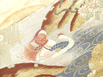 平和屋本店▼六通柄袋帯　唐織　御所車飛鶴花文　本金二重箔　正絹　逸品　CABL4563dy