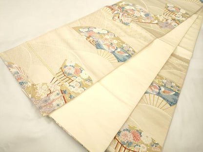 平和屋本店▼六通柄袋帯　しょう美　扇面花鳥文　九百錦24金箔　正絹　逸品　CABL4565dy