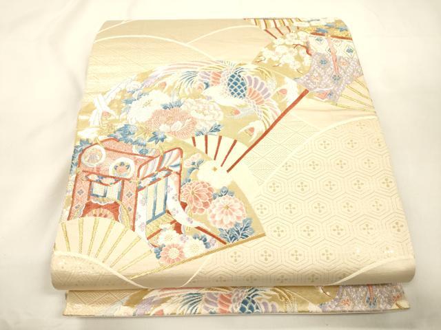 平和屋本店▼六通柄袋帯　しょう美　扇面花鳥文　九百錦24金箔　正絹　逸品　CABL4565dy