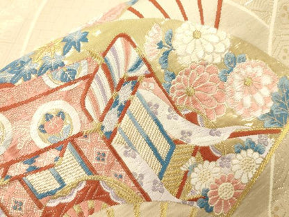 平和屋本店▼六通柄袋帯　しょう美　扇面花鳥文　九百錦24金箔　正絹　逸品　CABL4565dy