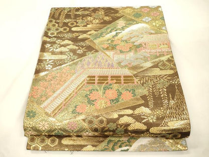 平和屋本店▼六通柄袋帯　色紙重ね風景文　本金箔　正絹　逸品　CABL4570dy