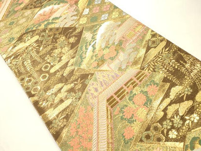 平和屋本店▼六通柄袋帯　色紙重ね風景文　本金箔　正絹　逸品　CABL4570dy