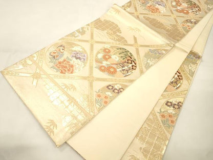 平和屋本店▼六通柄袋帯　唐織　天井花鳥丸文　本金箔　正絹　逸品　CABL4572dy