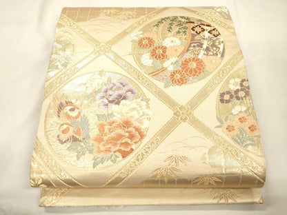 平和屋本店▼六通柄袋帯　唐織　天井花鳥丸文　本金箔　正絹　逸品　CABL4572dy