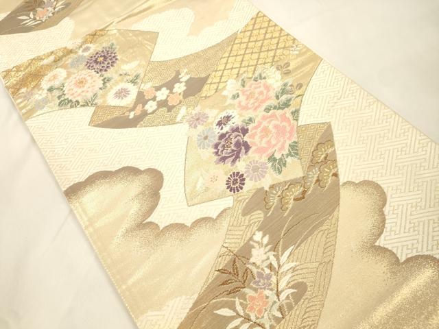 平和屋本店▼六通柄袋帯　唐織　地紙草花文　弐拾四金二重箔　正絹　逸品　CABL4576dy