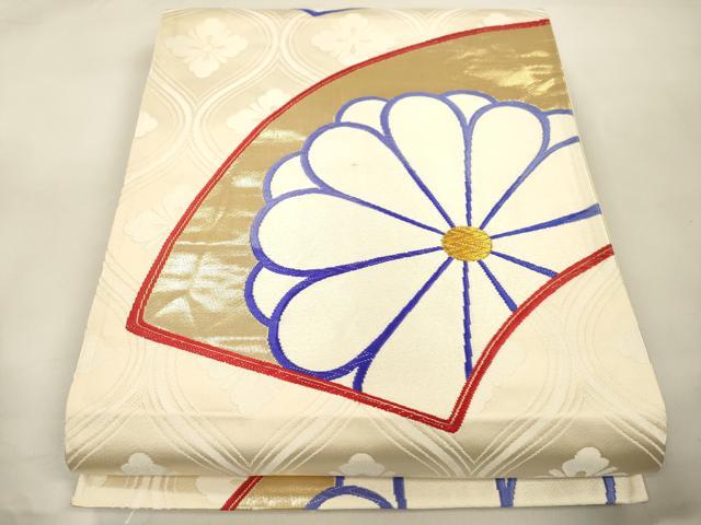 平和屋本店▼六通柄袋帯　扇面取梅菊文　弐拾四金箔　正絹　逸品　CABL4578dy