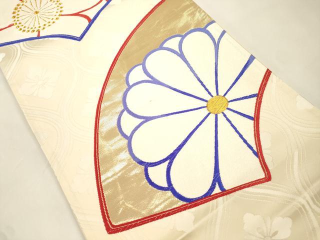 平和屋本店▼六通柄袋帯　扇面取梅菊文　弐拾四金箔　正絹　逸品　CABL4578dy