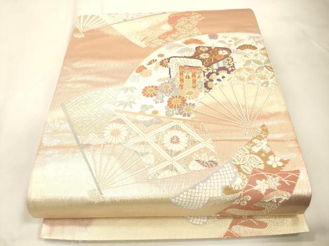 平和屋本店▼六通柄袋帯　扇面御所車花文　本金箔二重織　正絹　逸品　CABL4579dy