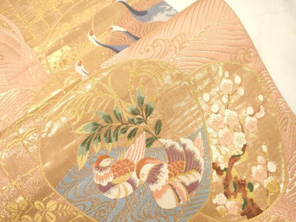 平和屋本店▼六通柄袋帯　琳派　団扇光琳鶴　全面純金箔24K　正絹　逸品　CABL4581dy