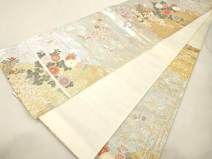 平和屋本店▼六通柄袋帯　唐織　飛鶴草花文　本金箔　正絹　逸品　CABL4584dy