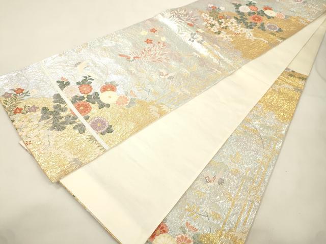 平和屋本店▼六通柄袋帯　唐織　飛鶴草花文　本金箔　正絹　逸品　CABL4584dy