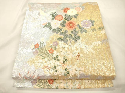 平和屋本店▼六通柄袋帯　唐織　飛鶴草花文　本金箔　正絹　逸品　CABL4584dy