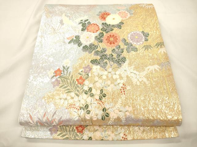平和屋本店▼六通柄袋帯　唐織　飛鶴草花文　本金箔　正絹　逸品　CABL4584dy