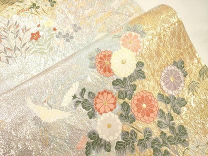 平和屋本店▼六通柄袋帯　唐織　飛鶴草花文　本金箔　正絹　逸品　CABL4584dy