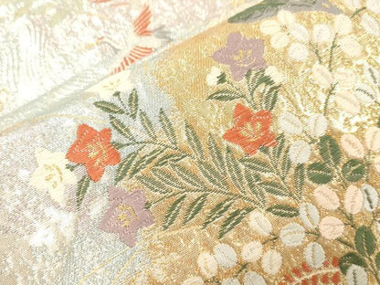平和屋本店▼六通柄袋帯　唐織　飛鶴草花文　本金箔　正絹　逸品　CABL4584dy