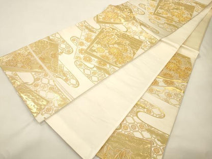 平和屋本店▼六通柄袋帯　九百段子　色紙重ね草花文　本金箔　正絹　逸品　CABL4588dy