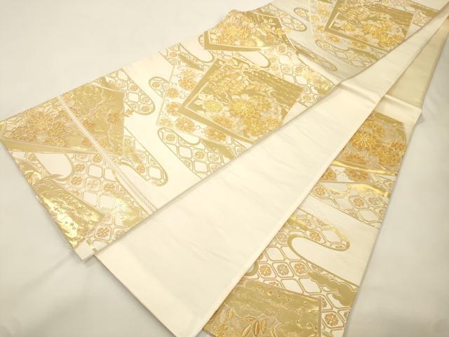 平和屋本店▼六通柄袋帯　九百段子　色紙重ね草花文　本金箔　正絹　逸品　CABL4588dy