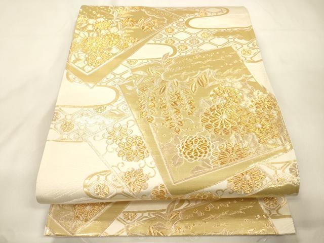 平和屋本店▼六通柄袋帯　九百段子　色紙重ね草花文　本金箔　正絹　逸品　CABL4588dy