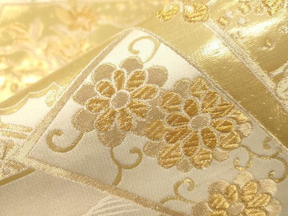 平和屋本店▼六通柄袋帯　九百段子　色紙重ね草花文　本金箔　正絹　逸品　CABL4588dy