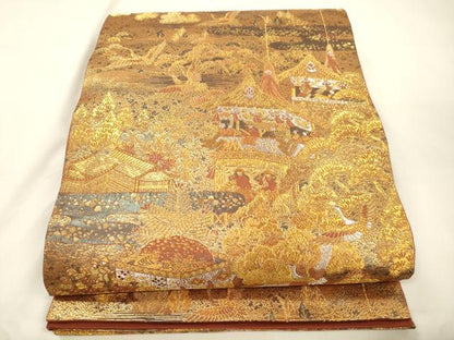 平和屋本店▼六通柄袋帯　古代はく　風景文　本金箔二重　正絹　逸品　CABL4589dy