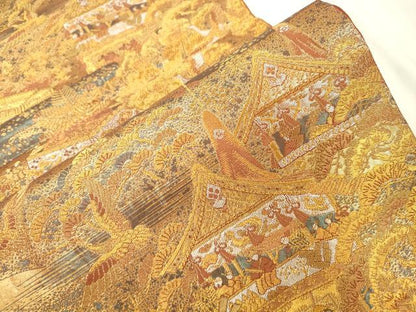 平和屋本店▼六通柄袋帯　古代はく　風景文　本金箔二重　正絹　逸品　CABL4589dy